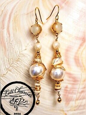 Genuine Sparkling Moonstone  In Long Gold Plated Earrings W/ Large Baroque Pearl